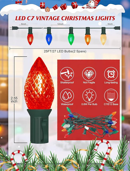 SUNSGNE 25FT Outdoor Christmas String Lights with 25 C7 LED Diamond Shatterproof Colored Bulbs, Multicolor Christmas Lights for Patio Yard Porch Balcony Gazebo Party Decorations, Green Wire