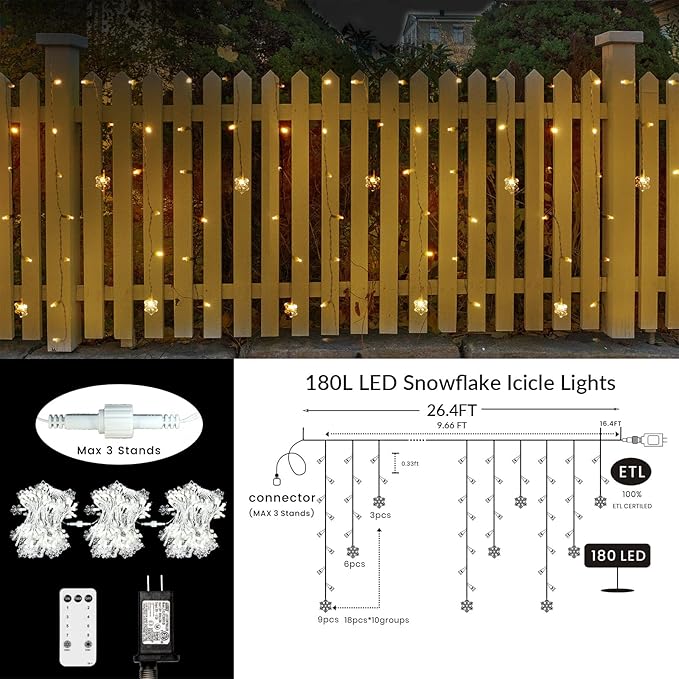 Icicle Lights for Outside 180 LED 26.5ft 30 Drops Icicle Christmas Lights Outdoor Snowflake with 8 Mode Function Curtain String Lights Indoor for Patio Garden Bedroom (no Remote, 1)