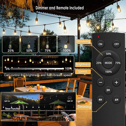1-Pack 150 ft Outdoor String Lights with Remote Patio Lights Weatherproof, 45+3 Spare S14 Shatterproof Warm 2200K Bulbs, 3 Lighting Modes&Dimmable&Timer