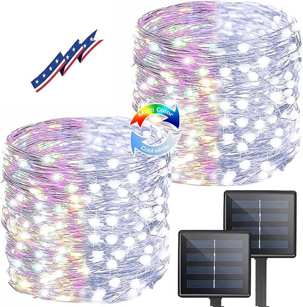 (Cool White ⇋ Multicolor) Solar Christmas String Lights Outdoor, 2-Pack 80FT 200 LED Waterproof Silver Wire, Solar | Lumora