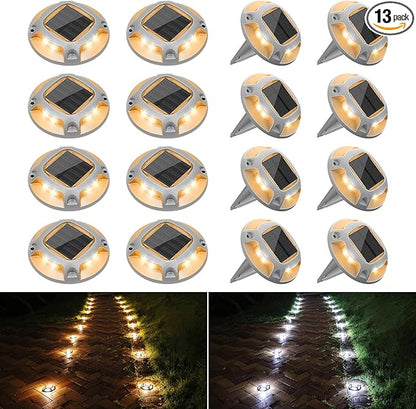 VOLISUN Solar Driveway Lights Dock Deck Lights 16 Pack,2 Colors in 1 Led IP67 Waterproof Outdoor Warning Step Lights for Driveway Sidewalk Pathway (White/Warm White)