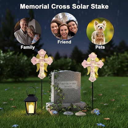 Solar Cross Lights with Angel Wings, Pink and Gold Memorial Grave Decorations, When You See This Light Remember I Love You Sentiment, Cemetery Tombstone Garden Stake with Ground Stake