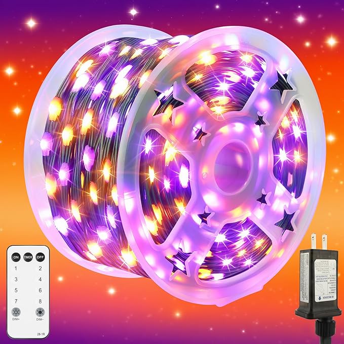 Tcamp 164FT 500 LED Orange Purple Halloween Lights outdoor Indoor, 8 Modes Christmas Tree Lights with Remote Timer Memory, Green Wire Starry Fairy String Light for Halloween decorations(Purple Orange)