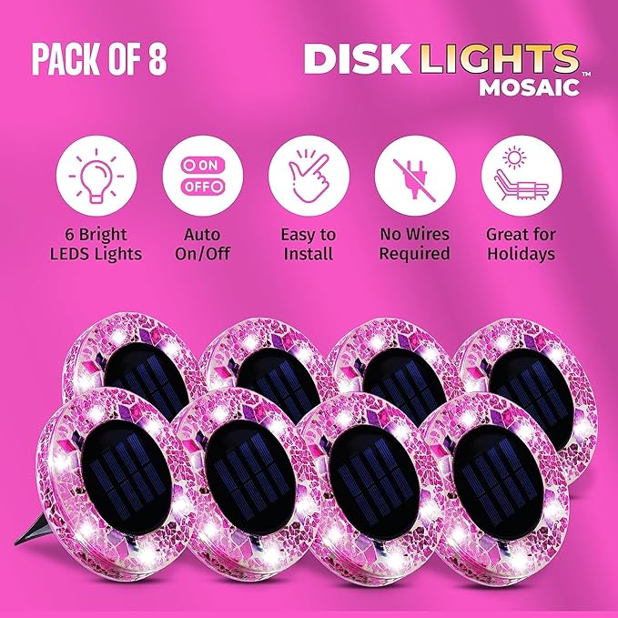 Mosaic Solar Pathway Lights - 8PK Waterproof Outdoor Solar Landscape Lights for Yard, Driveway & Walkway - Pink