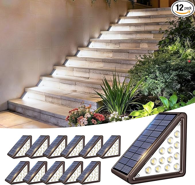 Brown Solar Step Light Outdoor Stair Lights, Deck Lights Outdoor Powered IP65 Waterproof, 6500K Cool White Solar Outdoor Step Light, Decor for Stair, Deck, Step,Porch and Outside Patio,12 Pack