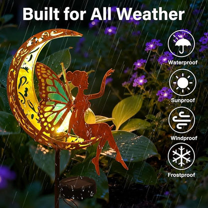 Tremdwoto Solar Garden Lights Outdoor, Metal Fairy Butterfly & Moon Decor - Cracked Glass Solar Stake with Gradient Wings, Gift for Mother's Day, Housewarming, Patio, Yard & Pathway Decorations