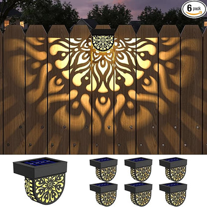 6 Pack Solar Fence Lights Outdoor Wall Lights Plastic Solar Powered Deck Step Stair Lights Mandala Theme Waterproof Fence Solar Light for Garden Post Patio Yard Decor, Gardening Gifts for Women Mom