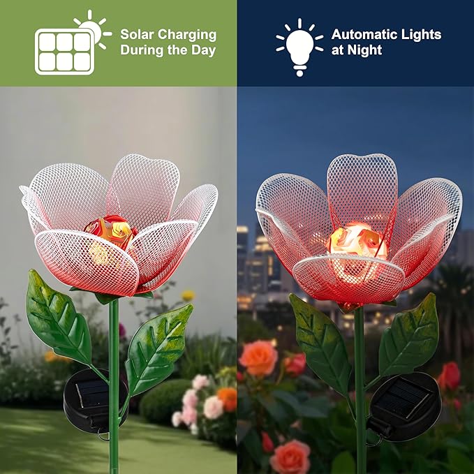 Solar Garden Lights,2 Pack Solar Metal Flowers with Breathing Light,Yard Pathway Lights Outdoor Solar Powered,Outside Lights for Yard Garden Outdoor Pathway Decor