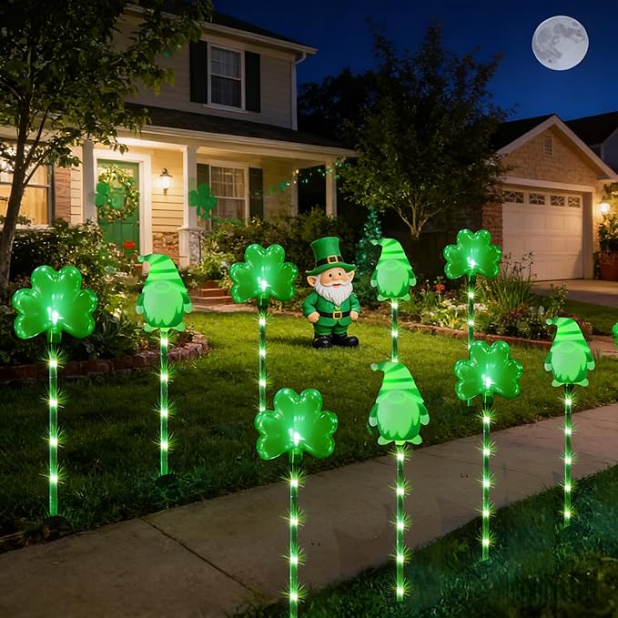 5 Pack St. Patrick's Day Solar Pathway Lights Outdoor - Green LED Shamrock Stake Lights, Waterproof Solar Powered Plug-in Gnome Lawn & Garden Decor for Yard, Walkway, Irish Party Decorations