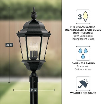 Designers Fountain 3-Light Farrell Outdoor Post Lantern, 28 Inch Exterior Lighting Fixture, Black, 2956-BK