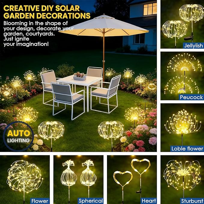 Solar Garden Lights, 2 Pack 200 LED Garden Decor Outdoor Lights, Solar Garden Lights Outdoor Waterproof-with 8 Light Modes, Solar Powered for Garden, Pathway, Patio, Yard, Flowerbed Decor Colorful
