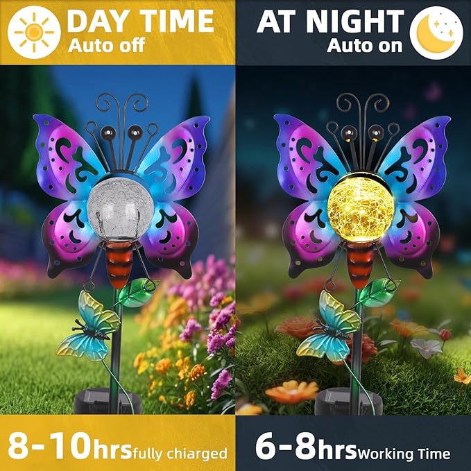 Solar Butterfly Garden Stake Lights Outdoor Waterproof Metal Butterfly Solar Lights for Outside Yard Patio Decor Garden Stakes Decorative Outdoor Lawn Ornaments Housewarming Gardening Gifts for Women