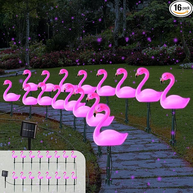 36ft Flamingo Solar Lights with 16 LED Solar Powered Pathway Garden Stake Light Outdoor Decorations with 3 Modes Waterproof Summer Pink Walkway Lawn Patio(Flamingo)