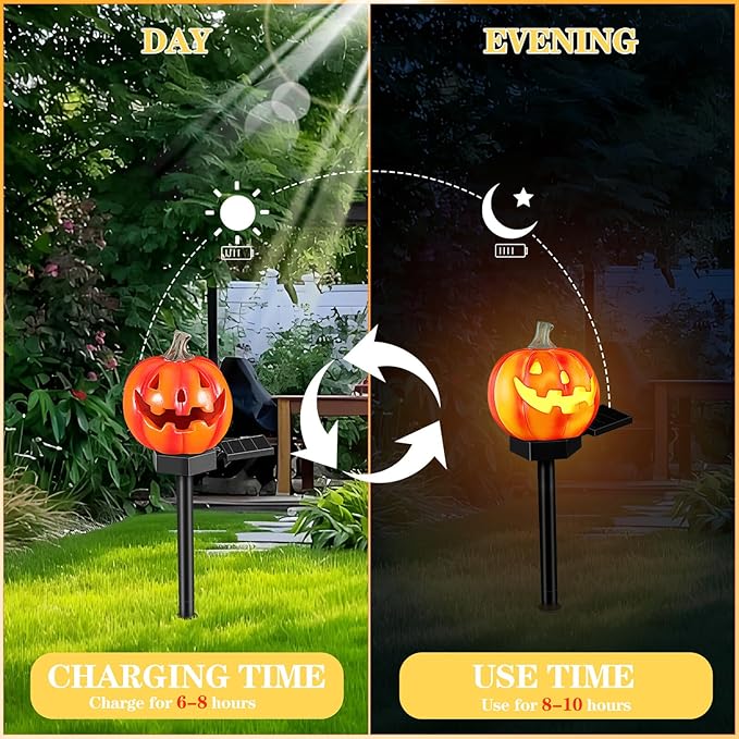 LIFKOME Halloween Solar Pumpkin Path Lights Outdoor Yard Solar Stake Lamp Resin Garden Decoration for Halloween Outdoor Landscape Lighting