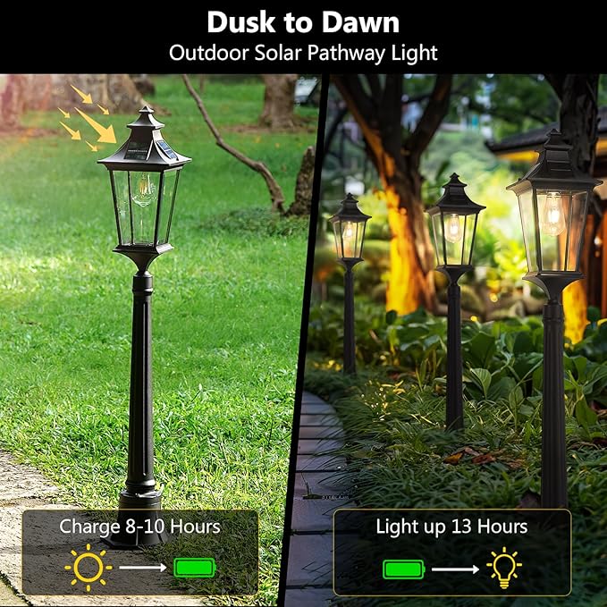 Emliviar Outdoor Solar Lamp Post Light, Dusk to Dawn Pole Lights with Clear Glass, Waterproof Solar Garden Light with Remote Control, LED Bulb Included, 500181PL-SL BK