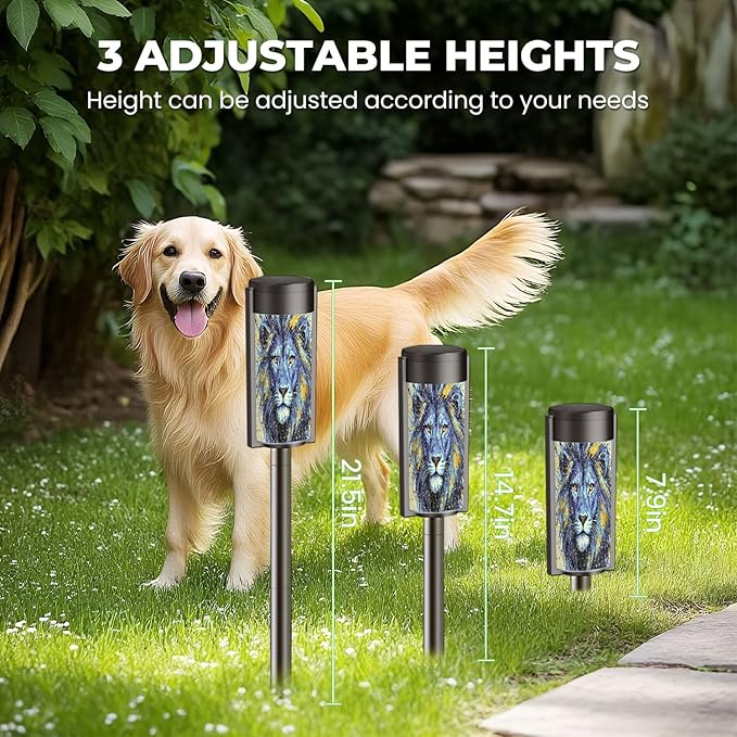 4 Pack Solar Pathway Lights Outdoor Waterproof Lion Animal Blue Majestic Mane Splatter Effects Golden Accents Intense Solar Garden Lights LED Landscape Lighting for Yard Walkway Lawn Garden Decor
