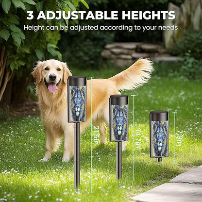 4 Pack Solar Pathway Lights Outdoor Waterproof Lion Animal Blue Majestic Mane Splatter Effects Golden Accents Intense Solar Garden Lights LED Landscape Lighting for Yard Walkway Lawn Garden Decor