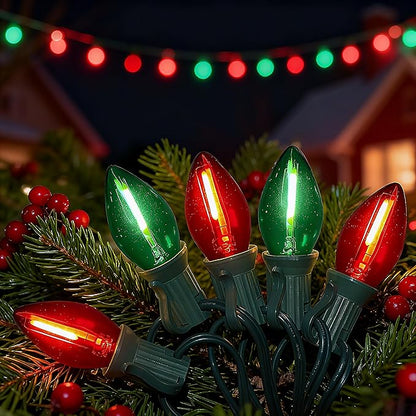 Abeja 25Ft Christmas Lights Multicolor, C7 Red Green Vintage Christmas Lights with 27 Glass Bulbs, Hanging Outdoor String Lights for Holidays, Christmas Prom Party Wedding Decor, Red/Green