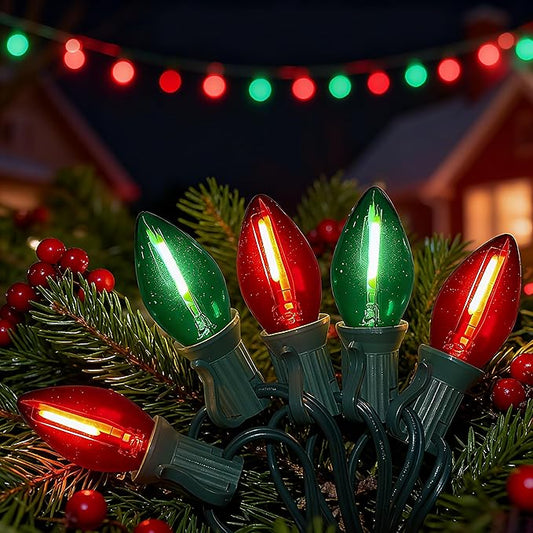Abeja 25Ft Christmas Lights Multicolor, C7 Red Green Vintage Christmas Lights with 27 Glass Bulbs, Hanging Outdoor String Lights for Holidays, Christmas Prom Party Wedding Decor, Red/Green