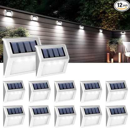 GIGALUMI 12 Pack Solar Fence Lights Outdoor, Waterproof LED Step Lighting Stainless Steel Solar Powered Lights for Step, Stairs, Pathway, Garden (Cold White)