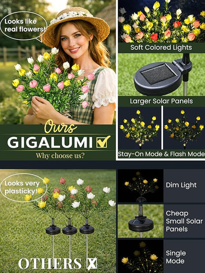GIGALUMI Solar Garden Lights with Gardenias, LED Garden Decor Carefree Solar Flowers Outdoor Waterproof, Yard Decorations Outdoor, Allergy-Free, Everlasting Light up Flowers for Yard Patio (Set of 4)