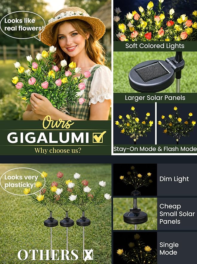GIGALUMI Solar Garden Lights with Gardenias, LED Garden Decor Carefree Solar Flowers Outdoor Waterproof, Yard Decorations Outdoor, Allergy-Free, Everlasting Light up Flowers for Yard Patio (Set of 3)