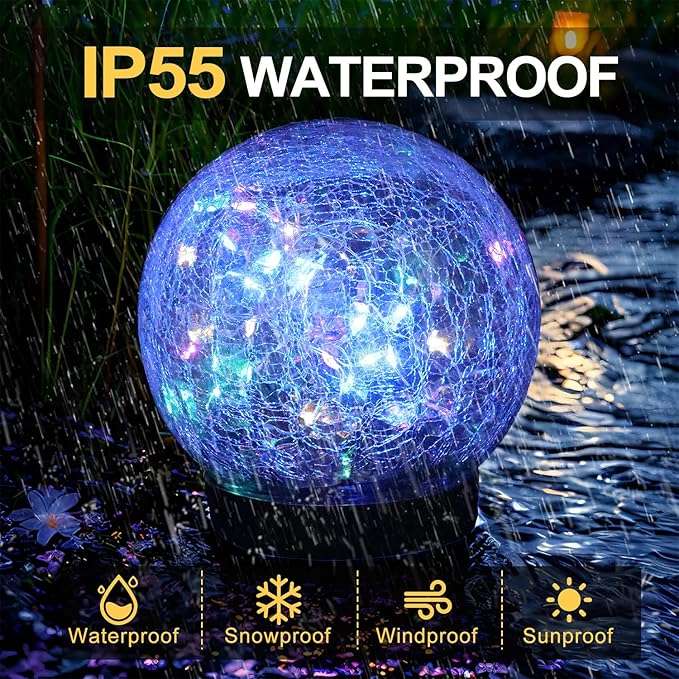Solar Cracked Quartz Pathway Lights – IP68 Waterproof Dual-Temperature Glow for Garden Safety Artisanal Glass Globe with 10hr Runtime (Patio/Yard Decor) (Warm White)