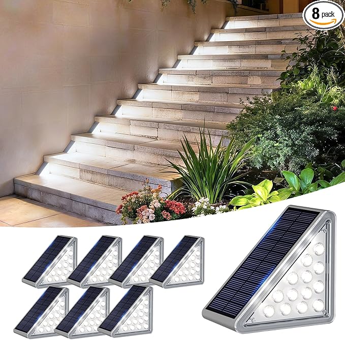 Grey Solar Step Light Outdoor Stair Lights, Deck Lights Outdoor Powered IP65 Waterproof, 6500K Cool White Solar Outdoor Step Light, Decor for Stair, Deck, Step,Porch and Outside Patio,8 Pack