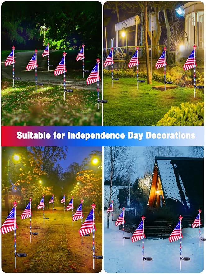 10 Pack American Flag Solar Lights Outdoor, 4th of July Decorations with 2 Modes, Waterproof Solar Flag Patriotic | Lumora