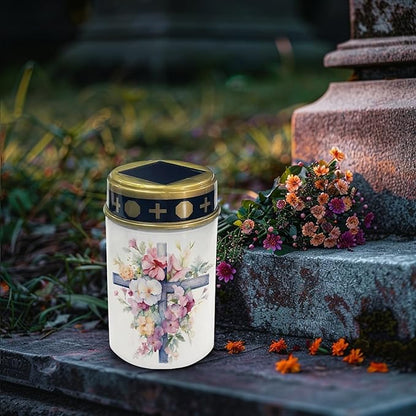 Cemetery Solar Lights for Grave,Cross Floral Pink Garden Solar Lights Waterproof Solar Powered Stake Lights Pathway Lights Outdoor Flameless Warm White Lantern Yard Spotlights LED Lantern