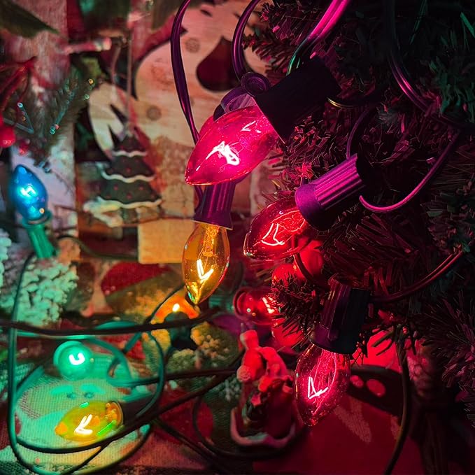 SUNSGNE 25Ft Multicolor Christmas Lights, C7 Incandescent Christmas Light with 27 Clear Vintage Outdoor Colorful Lights (2 Spare) for Holiday Prom Party Wedding Decor, Green Wire