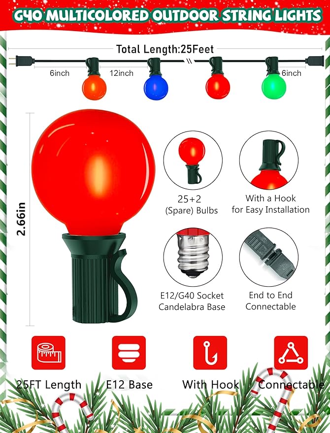 25Ft LED Christmas Outdoor String Lights, G40 Globe Night Lights with 27 0.6W Ceramic Multicolor Bulbs, Vintage Ceramic Lights for Holiday Party Backyard Wedding Garden Patio Porch Decor, Green Wire