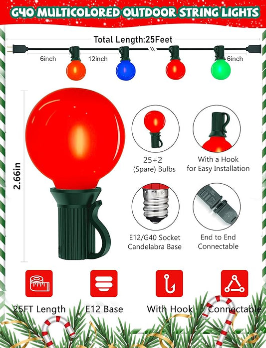 25Ft LED Christmas Outdoor String Lights, G40 Globe Night Lights with 27 0.6W Ceramic Multicolor Bulbs, Vintage Ceramic Lights for Holiday Party Backyard Wedding Garden Patio Porch Decor, Green Wire
