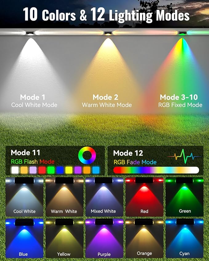 Solar Fence Lights Outdoor with 3-Way Lensed Lighting, Fence Light Solar Powered 12 Mode RGB Color Changing | Lumora