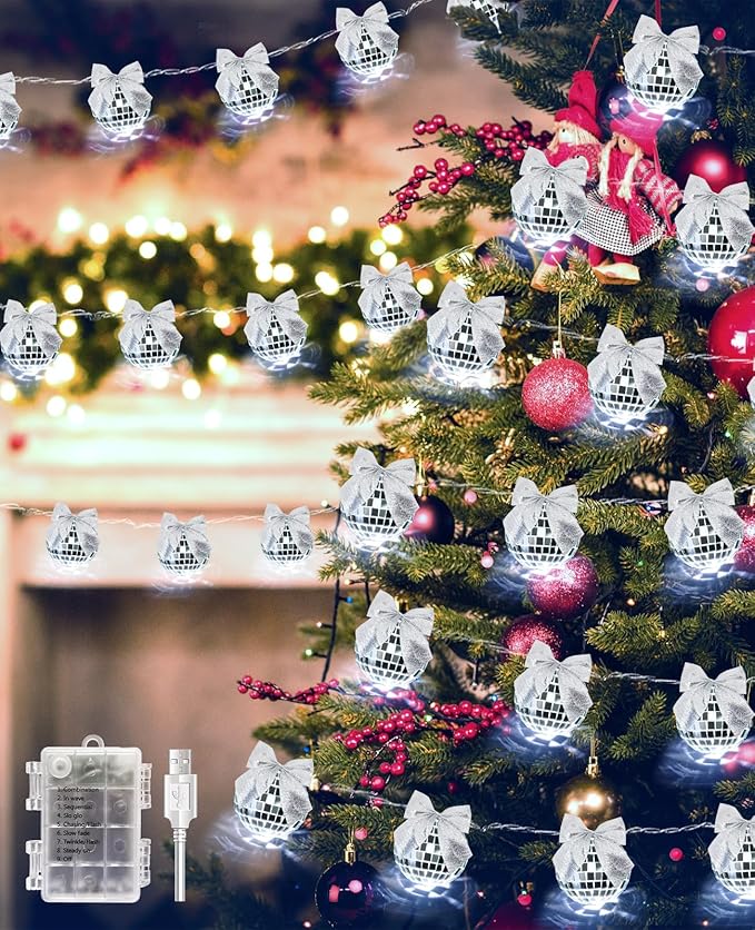 AceList 20 LED 9.8Ft Disco Ball String Lights with Silver Bows, Christmas Tree Disco Decor, Dual Power Disco Lights for Fireplace, Window, Stairs, or Holiday Party (Silver)