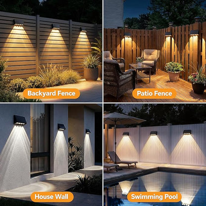 Solar Fence Lights Outdoor, Bigger & Brighter 4-LED Fence Lights Solar Powered with 3 Modes, IP65 Waterproof Solar Lights for Outside, Backyard, Patio, Yard, Railing, Wall, Pool - 8 Pack
