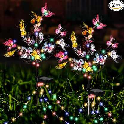 Solar Butterfly Lights, 2 Pack Solar Garden Lights Outdoor, Outdoor Garden Waterproof with Solar Butterfly Stake, Solar Outdoor Decor Light for Landscape, Pathway, Yard (Colorful Light)