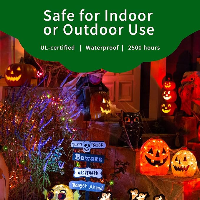 Ultra-Bright Connects End to End Orange Purple and Green Christmas Mini Lights 300L 63.8Ft(2Sets-Each 150L)UL Listed Incandescent Bulb String Light for Indoor Outdoor Halloween Tree Decor