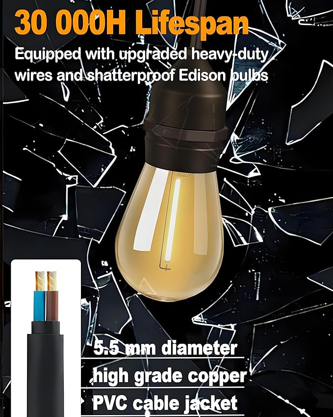 25FT Outdoor String Lights for Patio, Balcony & Porch – 16 LED Edison Bulbs (1.6FT Spacing), Dimmable Heavy-Duty Patio Lights for Backyard, Gazebo, Bistro, Camping, Party and Garden Decor