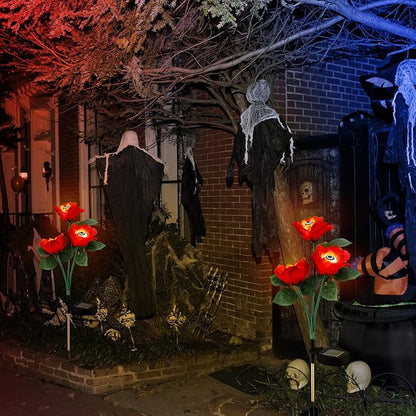 Riakrum 2 Pack Halloween Solar Eyeballs Stake Lights Waterproof Scary Roses Solar Lights Halloween Outdoor Decorations for Garden Yard Patio Pathway Lawn Party Outside Decor