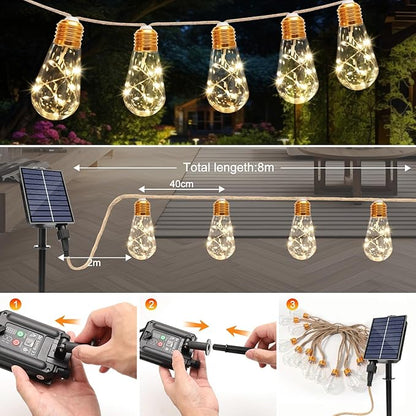 Solar String Lights Outdoor,26 Ft Vintage Rope Hemp Solar Patio Lights with 8Modes and Remote Control,LED Patio Lights with 16 Bulbs Waterproof (52FT-2PCS)