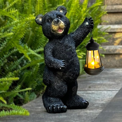 Solar Black Bear Garden Statue with LED Lantern - 14'' Outdoor Resin Animal Sculpture, Auto-On/Off Solar-Powered Waterproof Lawn Decor, 10-12H Long-Lasting Lighting for Patio/Yard/Porch