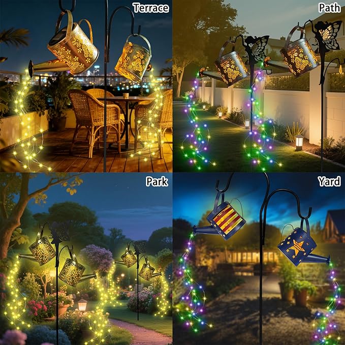 DDQ Solar Watering Can Lights, Warm White/Color LED with Shepherd Hook, IP65 Waterproof Metal Garden Decor, Auto | Lumora