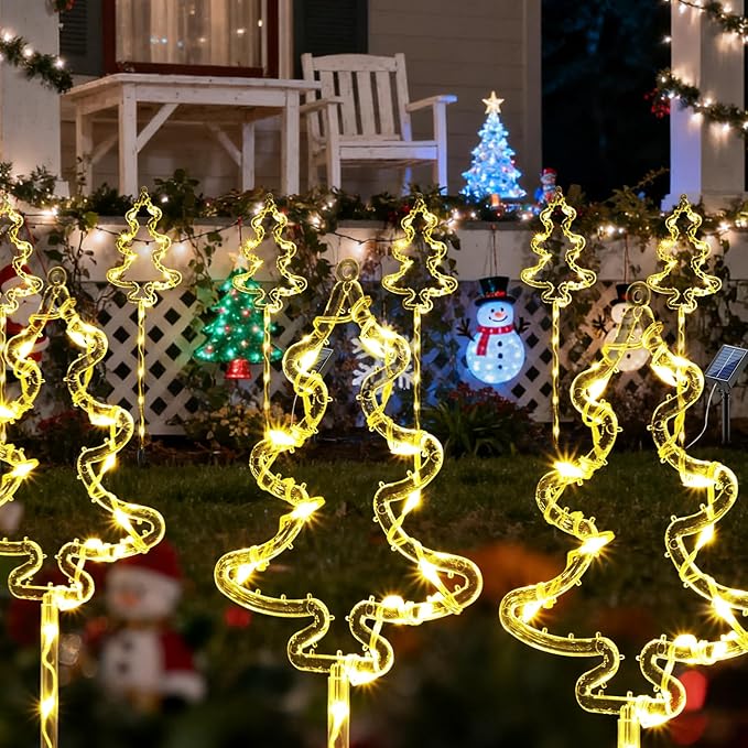 6 Packs Christmas Tree Solar Garden Lights with 8 Light Modes, 21.65 Inches Tall Christmas Outdoor Lighting with 20 LEDs Each, Solar Outdoor Xmas Decor for Garden, Path, Patio (Warm White)