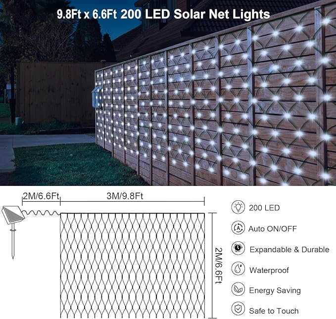 Solar Net Lights 200 LED Outdoor Mesh Light with 8 Modes Waterproof Net Bush Lights for Bushes Hedge Yard Garden Decor, 9.8 x 6.6Ft Dark Green Cable (Cool White)