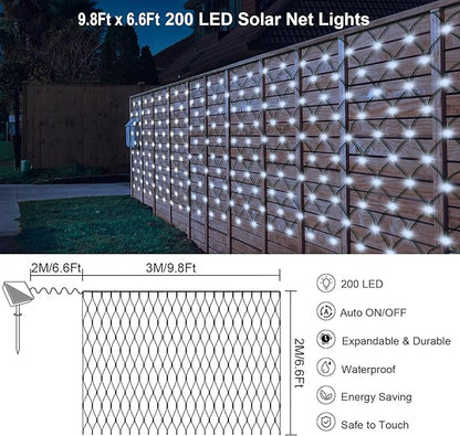 Solar Net Lights 200 LED Outdoor Mesh Light with 8 Modes Waterproof Net Bush Lights for Bushes Hedge Yard Garden Decor, 9.8 x 6.6Ft Dark Green Cable (Cool White)