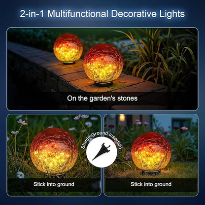 2 Pack 60LED Solar Globe Lights Outdoor Waterproof 4.7in Cracked Glass Solar Balls Lights for Outside Yard Pathway Patio Lawn Landscape Decor Ground for Christmas Holiday Decor w/ Box (Gradient Red)