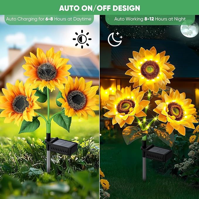 Solar Flowers Outdoor Waterproof: Gifts for Mom Mothers Day - 6 Pack Sunflower with 18 Vivid Large Flowers - 800mAh Battery for 12H Runtime - IP65 Auto On/Off Solar Garden Lights for Patio Yard