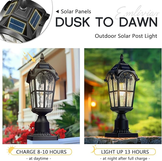 Emliviar 2 Pack Waterproof Solar Post Lamps in Black Finish for Pathway, 17.3'' Dusk to Dawn Garden Patio Post | Lumora