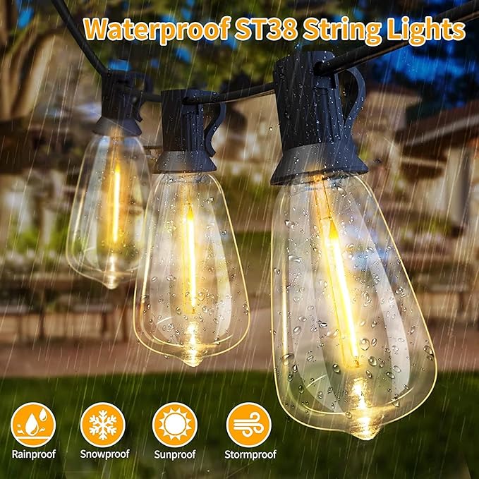 cjc Outdoor Solar String Lights Waterproof 25FT with 25 Shatterproof ST38 LED Bulbs, 2700K Solar Lights Outdoor | Lumora